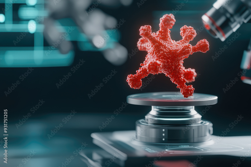 Aufkleber microscopic model of a virus, vibrant red virus structure placed on a slide, illuminated by advanced