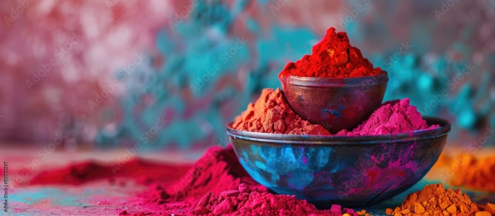 Poster bright red organic color stacked for the indian holi festival close up shot with selective focus for