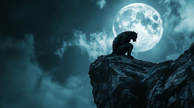 Lycanthropic Night. Sinister Werewolf on Moonlit Cliff in Eerie Mist - Werewolf and a full moon - Spooky fierce lycanthrope on a cliff - horror Halloween concept