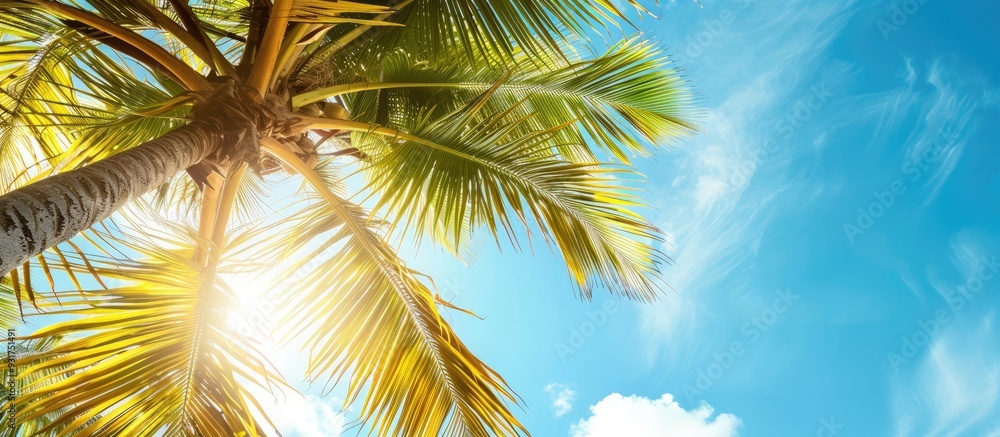 Poster coconut leaves set against a blue sky backdrop. with copy space image. place for adding text or desi