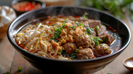 Fototapeta premium A steaming bowl of boat noodles with rich, flavorful broth, tender beef slices, meatballs, fresh bean sprouts, and fragrant herbs, topped with crispy pork cracklings and a dash of chili flakes