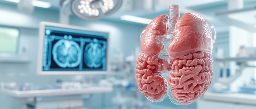 Anatomical model of human lungs represented with brain-like structures, set in a modern surgical environment with diagnostic monitors displaying brain scans.
