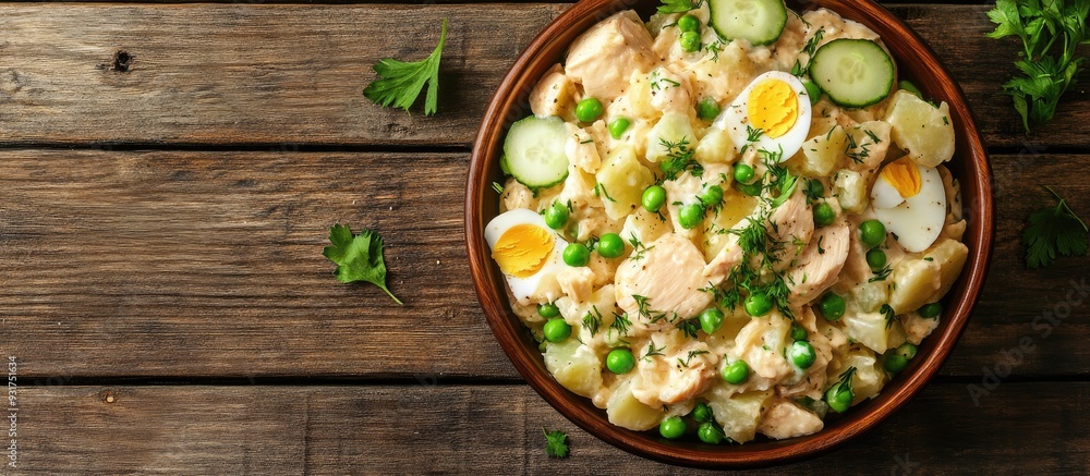 Poster russian salad olivier featuring potatoes chicken eggs cucumber and green peas in a bowl set against 