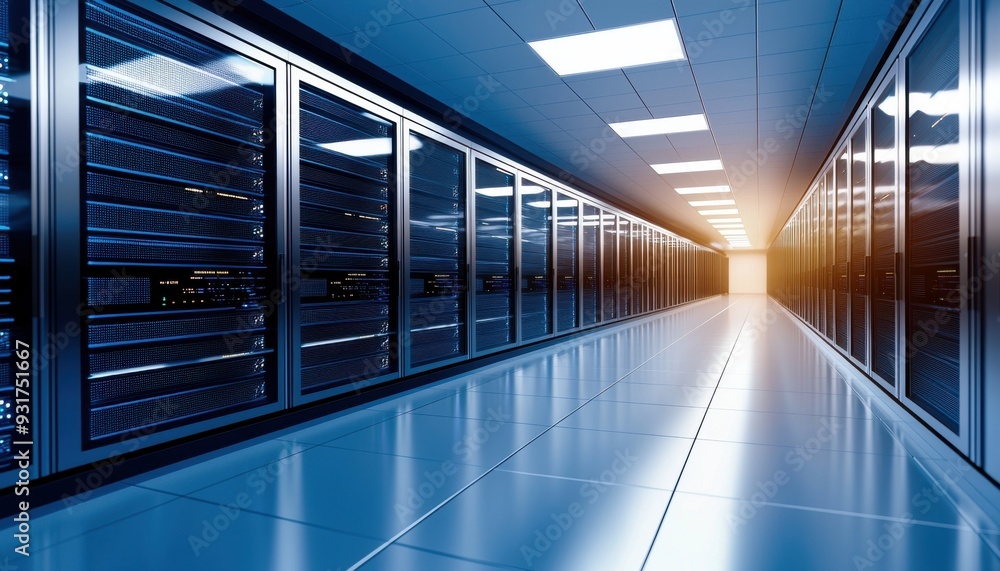 Poster a modern server room with rows of servers illuminated by sunlight, showcasing energy-efficient techn
