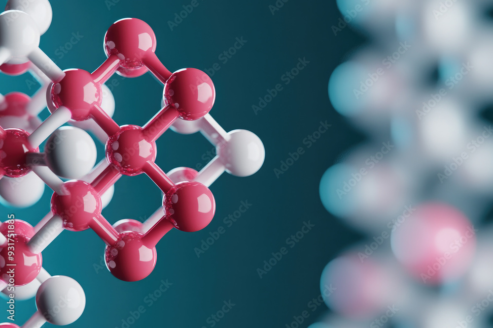 Poster molecular structure model, showcasing a vibrant arrangement of atoms with pink and white spheres rep