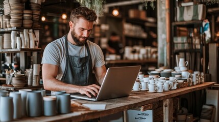 Confident Ceramic Shop Owner Managing Online Orders with Laptop in Creative Store