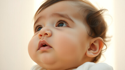 Closeup of a baby's face with big brown eyes and open mouth
