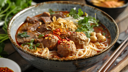 Fototapeta premium A steaming bowl of boat noodles with rich, flavorful broth, tender beef slices, meatballs, fresh bean sprouts, and fragrant herbs, topped with crispy pork cracklings and a dash of chili flakes