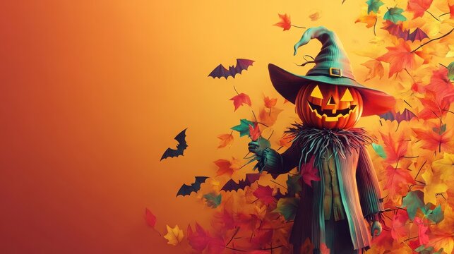 Scarecrow with Pumpkin Head in Autumn Scene, vibrant leaves and playful bats create a whimsical atmosphere, ample text space on the left for creative messaging