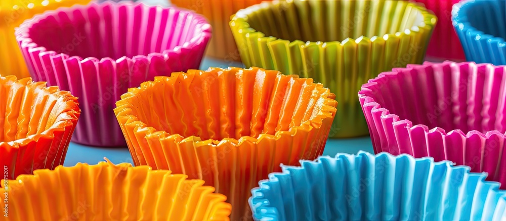 Poster Muffin baking liners on a colorful background. with copy space image. Place for adding text or design