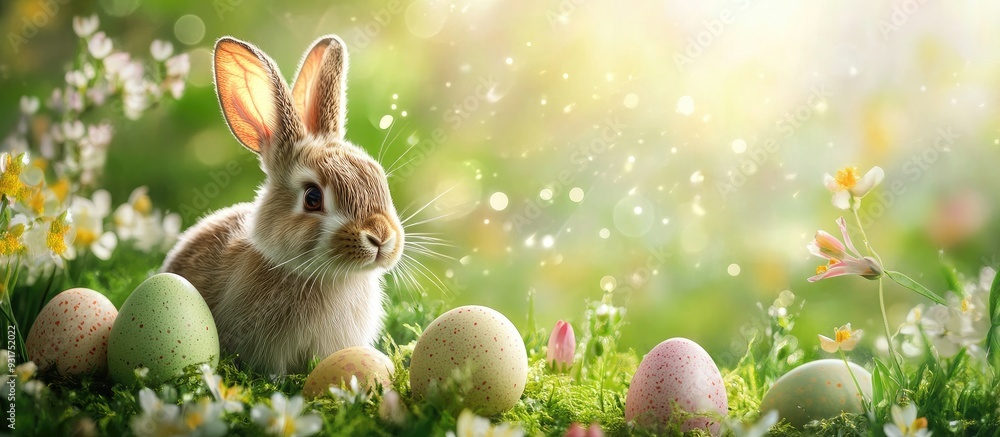 Aufkleber Easter background featuring eggs a rabbit and spring flowers on a green backdrop. with copy space image. Place for adding text or design