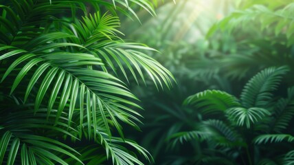 Hyper-detailed capture of lush green rainforest canopy with sunlight filtering through dense, vibrant foliage.