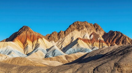 Naklejka premium The striking contrast of Zhangye's colorful mountains against a deep blue sky, with shadows emphasizing the ridges.