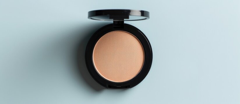 Compact bronzer powder with an included makeup brush Isolated Top view White background. with copy space image. Place for adding text or design