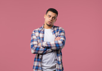 Bored Upset Man Sighs, Rolling Eyes On Pink Backdrop. Irritated Dude Displeasure