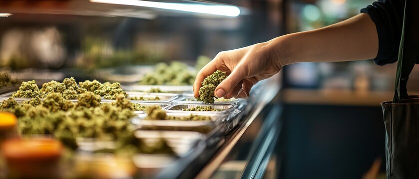 Hand selecting cannabis buds from a display case in a dispensary. The image highlights the variety and quality of the product in a modern retail setting