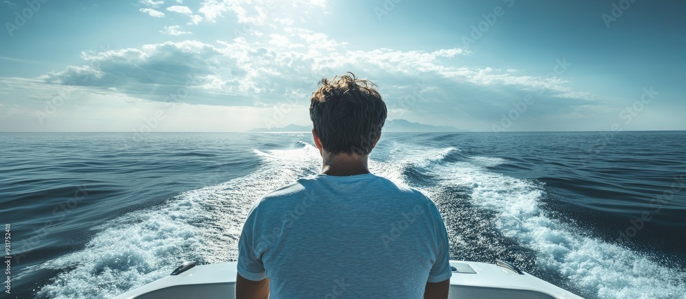 Poster man gazing at the ocean from a boat the back view of a man at the boat s edge observing the seascape