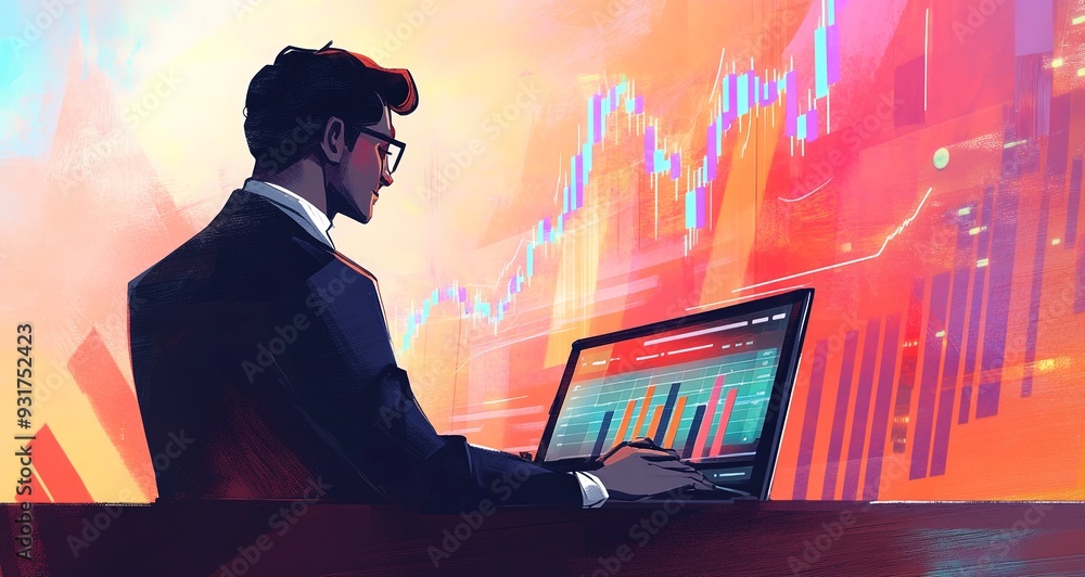 Wall mural Illustrate a businessman in a suit using a laptop, with a large digital display showing a market graph in decline. Ensure the image has a clean and professional look with ample copy space.