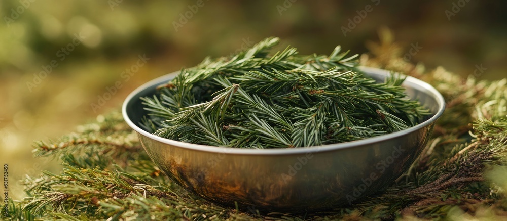 Aufkleber Close up image of a metal bowl filled with freshly gathered tips of a coniferous tree in spring. with copy space image. Place for adding text or design