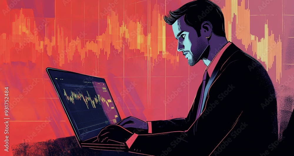 Wall mural illustrate a businessman in a suit using a laptop, with a large digital display showing a market gra
