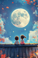 lonely child sitting on the roof at night, full moon in the sky, moonlight, cartoon painting