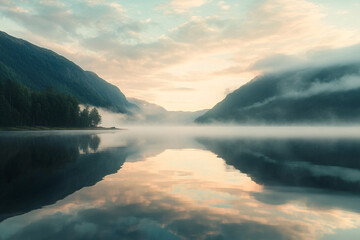 Fototapeta premium Misty Mountain Lake at Sunrise