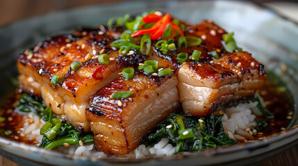 A dish of crispy pork belly stir-fried with fresh Chinese kale , served over steamed rice and accompanied by a savory sauce