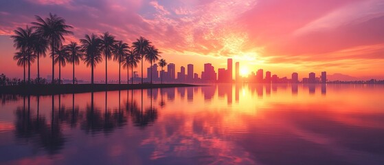 Silhouette of a city skyline with palm trees reflected in water during a vibrant sunset. The image captures the serene and picturesque beauty of an urban tropical landscape