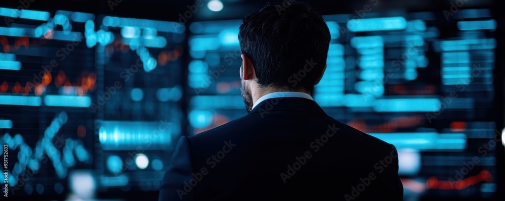 Poster a professional observing digital data analytics on multiple screens in a modern office environment.