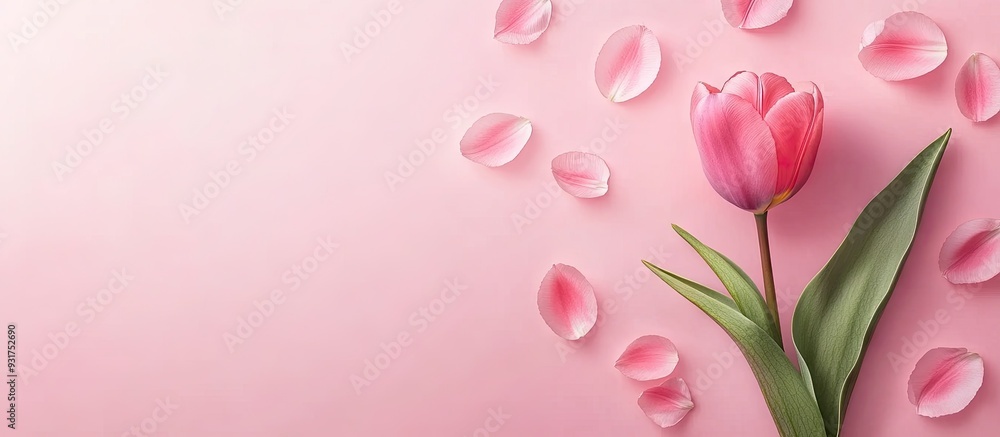 Poster Pink tulip with petals set against a pink background Flat lay top view Valentine s romantic love Easter spring concept. with copy space image. Place for adding text or design