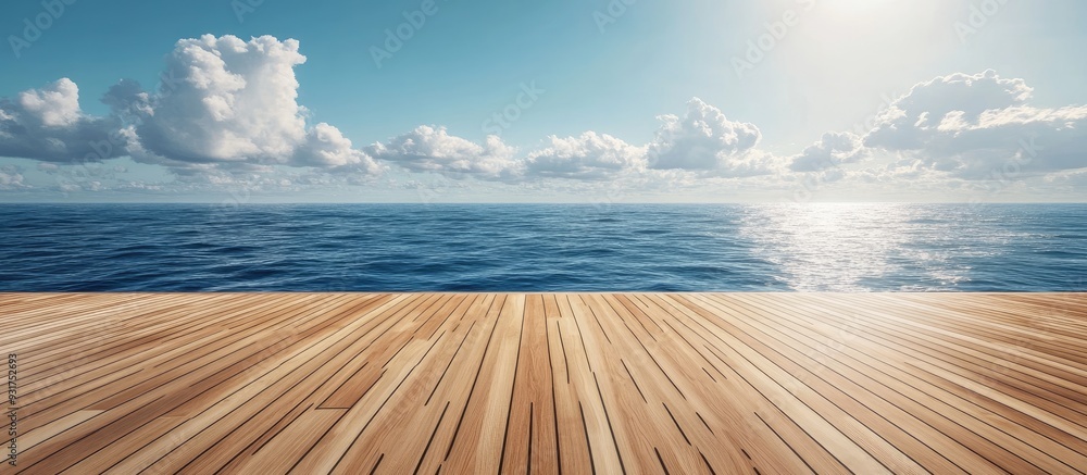 Aufkleber empty wooden platform in front of a sea backdrop within a cruise ship. with copy space image. Place for adding text or design
