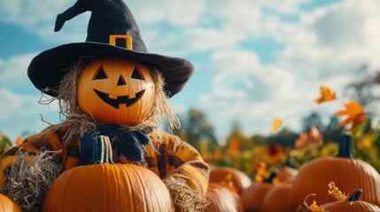 Fototapeta premium Cheerful Scarecrow in Witch's Hat in Pumpkin Patch, vibrant autumn scene filled with Halloween decorations, perfect for festive greetings or seasonal messages