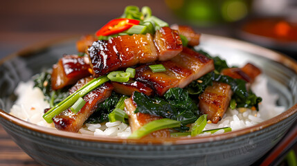 A dish of crispy pork belly stir-fried with fresh Chinese kale , served over steamed rice and accompanied by a savory sauce
