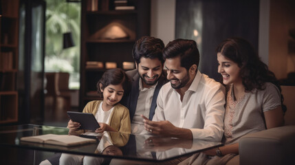 happy indian family using tablet together at home