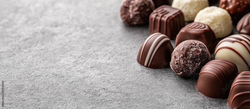 Aufkleber various chocolate candies on a gray concrete background side view copy space