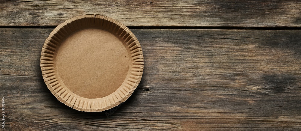 Poster Worn cardboard plate on a wooden surface. with copy space image. Place for adding text or design