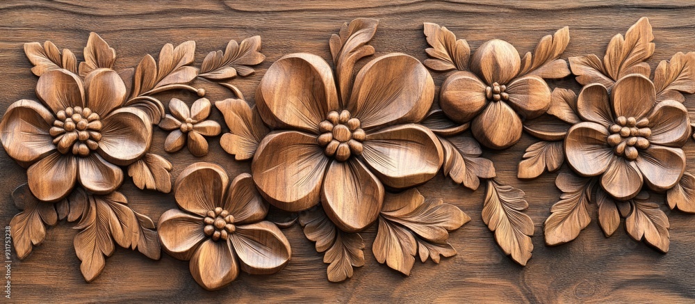Leinwandbilder flower pattern carved on a wooden background. with copy space image. place for adding text or design