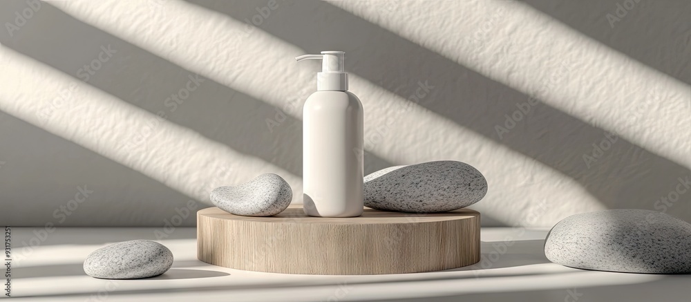 Poster white bottle with a dispenser for a cosmetic product placed on a wooden stand accompanied by natural
