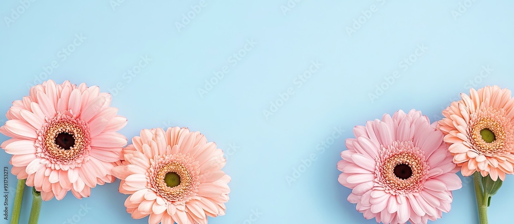 Poster Border frame created with gerbera flowers against a blue backdrop. with copy space image. Place for adding text or design