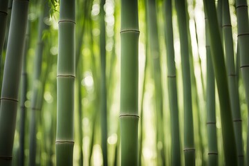 A soft focus bokeh of a dense bamboo forest with sunlight filtering through, Ai Generated