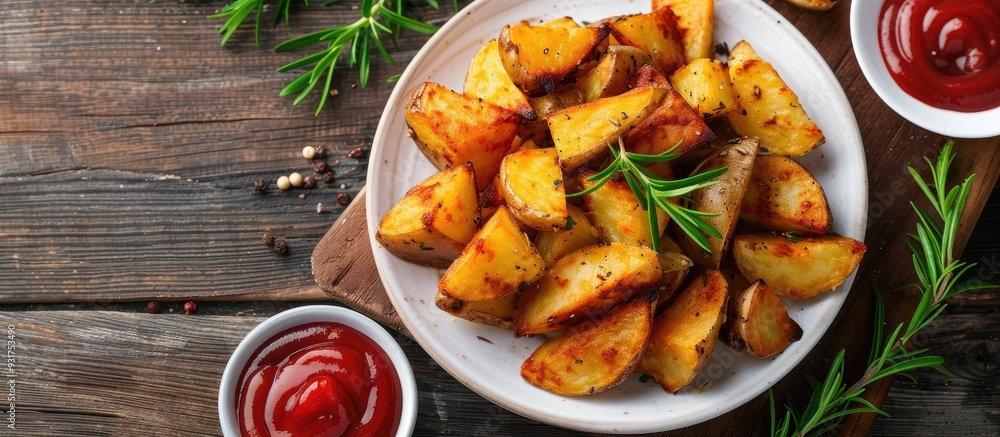 Aufkleber homemade fried potato cubes served with ketchup. with copy space image. place for adding text or des