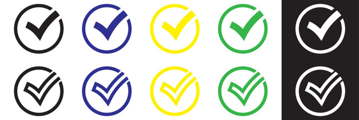 Five color tick. Green, white, yellow, blue, and black check mark. Tick symbol, icon, sign in green, white, yellow, blue, and black color. Done. Tick check mark icon vector illustration. EPS 10
