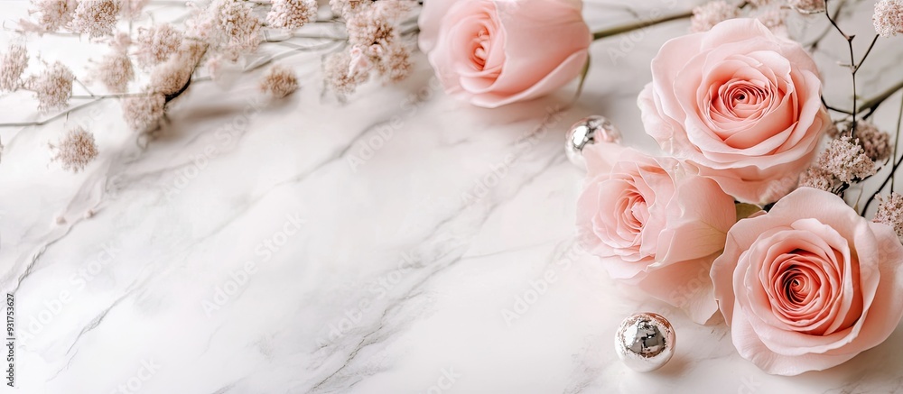 Poster Spring holiday theme with pink roses and decorations set against a white marble background. with copy space image. Place for adding text or design