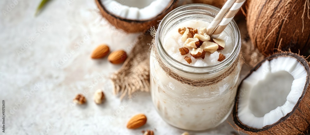 Poster mason jar filled with coconut water and fresh nuts on a table top view. with copy space image. place