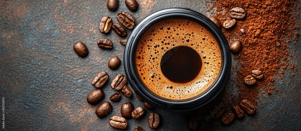 Poster Background featuring a variety of coffee including beans ground coffee instant options pads and capsules in a retro style tone with copy space and a top view perspective