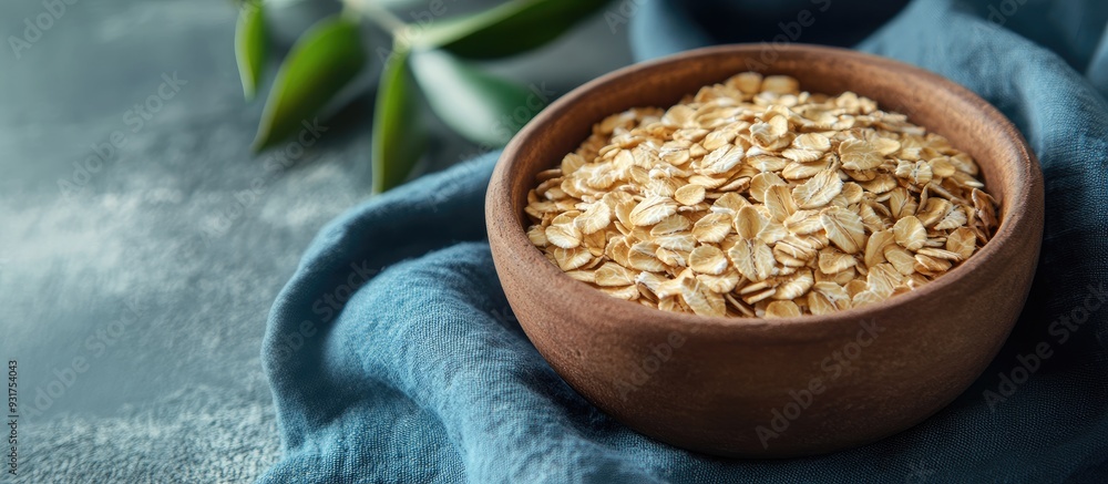 Aufkleber Oat flakes in a clay bowl on a blue linen napkin Dry rolled oats on wooden boards Healthy eating idea. with copy space image. Place for adding text or design
