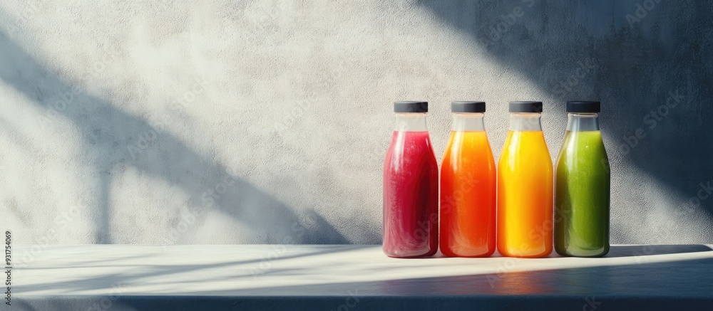 Poster plastic bottles of cold pressed unprocessed fruit and vegetable juices on a light gray table body cl