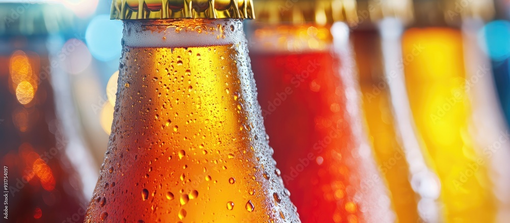 Poster colorful beer bottle necks in close up with selective focus and copy space