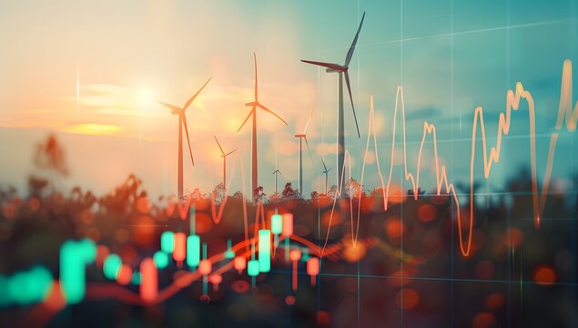 A stock market graph going up with wind turbines in the background, symbolizing green energy and sustainable business practices on a softly blurred neutral blue or grey background