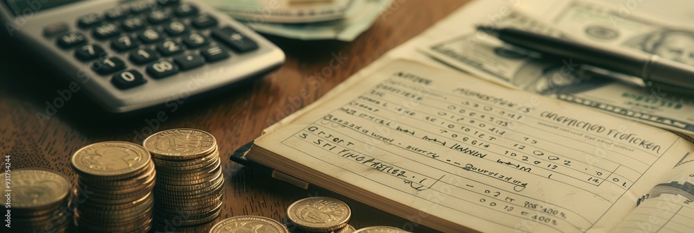 Fototapete stacks of cash and coins are alongside an open notebook filled with financial notes and a calculator